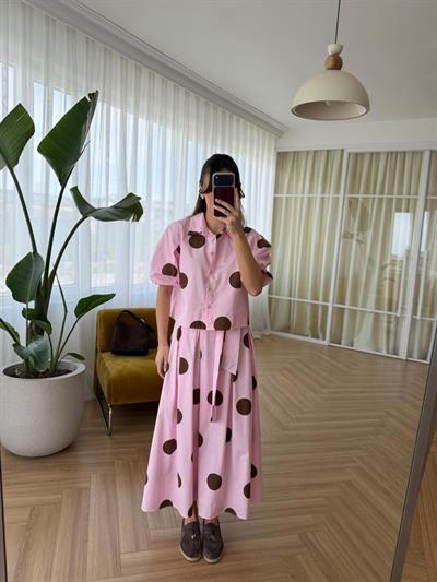 Puantiyeli Pembe Etek-Gömlek Takım