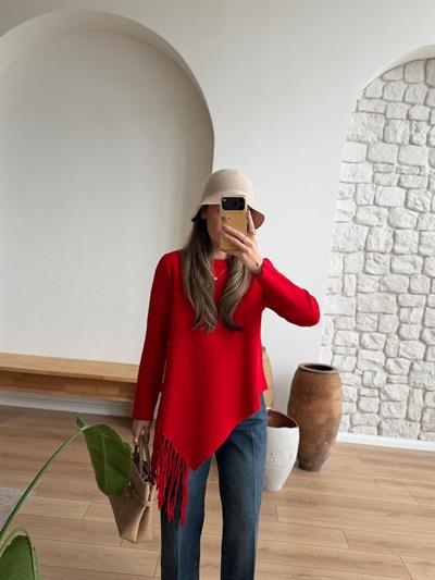 Püsküllü Asimetrik Kesim Kırmızı Çelik Triko