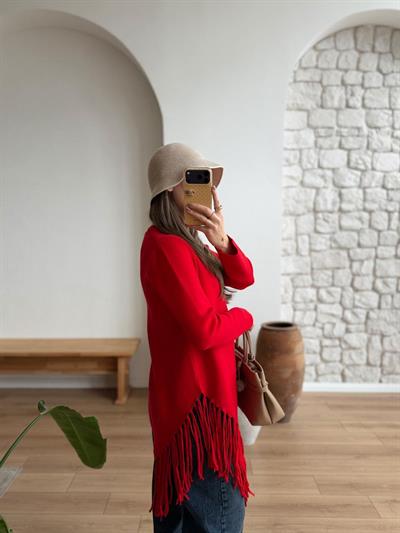 Püsküllü Asimetrik Kesim Kırmızı Çelik Triko