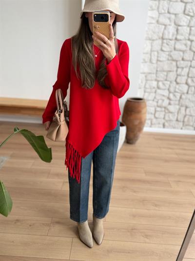 Püsküllü Asimetrik Kesim Kırmızı Çelik Triko