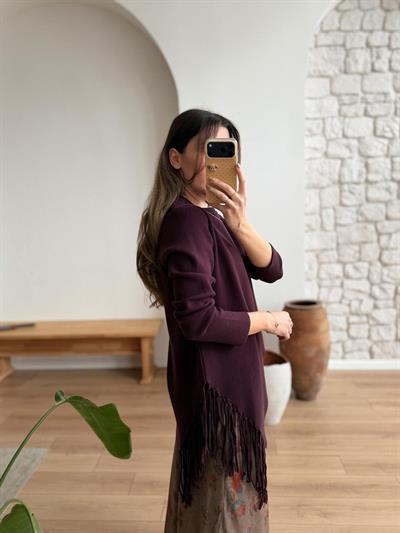 Püsküllü Asimetrik Kesim Mürdüm Çelik Triko