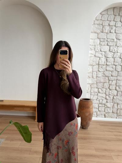 Püsküllü Asimetrik Kesim Mürdüm Çelik Triko