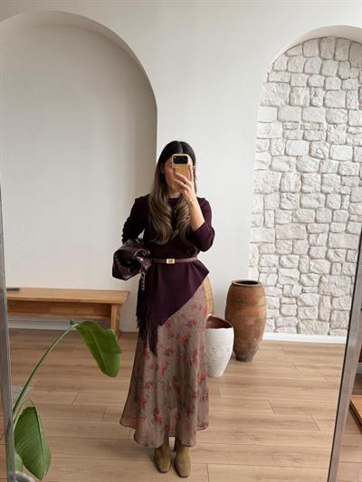 Püsküllü Asimetrik Kesim Mürdüm Çelik Triko