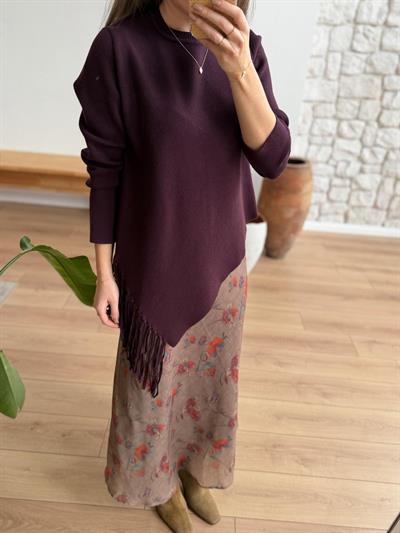 Püsküllü Asimetrik Kesim Mürdüm Çelik Triko