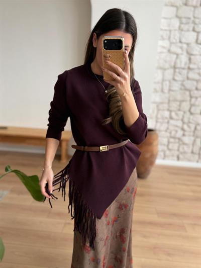 Püsküllü Asimetrik Kesim Mürdüm Çelik Triko