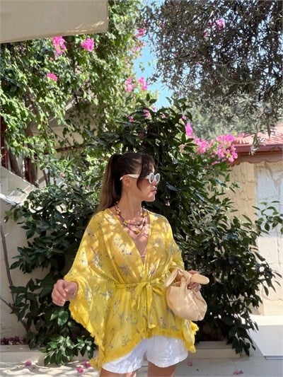 Püsküllü Detaylı Sarı Kimono
