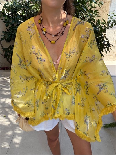 Püsküllü Detaylı Sarı Kimono
