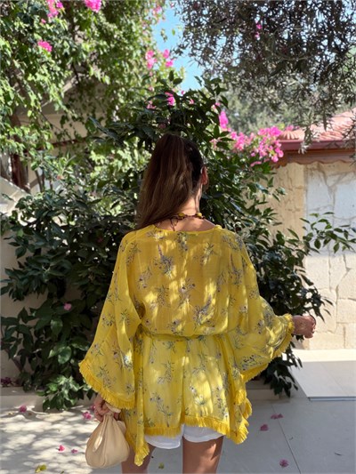 Püsküllü Detaylı Sarı Kimono