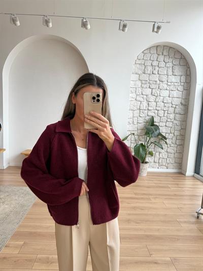 Reglan Kol Fermuarlı Bordo Triko Ceket