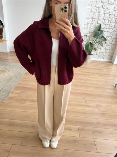 Reglan Kol Fermuarlı Bordo Triko Ceket
