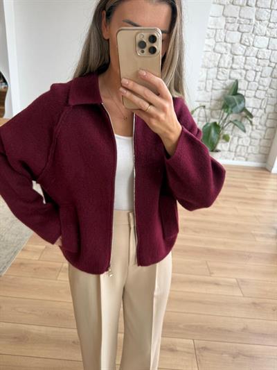 Reglan Kol Fermuarlı Bordo Triko Ceket