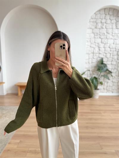 Reglan Kol Fermuarlı Haki Triko Ceket
