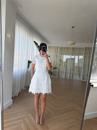 Roza Kemerli Güpür Elbise