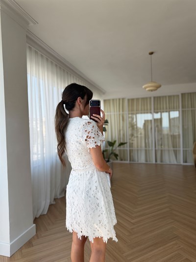 Roza Kemerli Güpür Elbise
