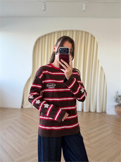 Ruby Çizgili Basic Sweat -Kahve