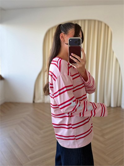 Ruby Çizgili Basic Sweat-Pembe