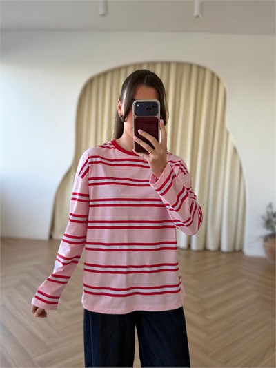 Ruby Çizgili Basic Sweat-Pembe