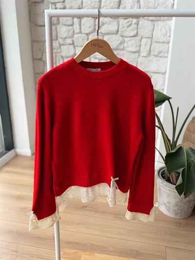 Ruby Dantelli Kırmızı Kazak