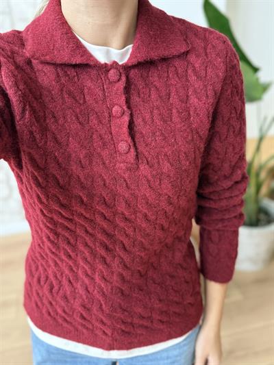 Saç Örgü Polo Yaka Bordo Triko