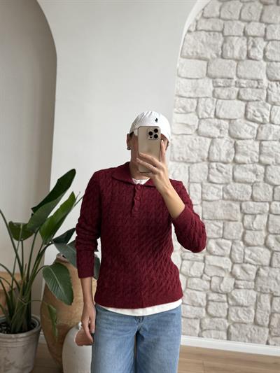 Saç Örgü Polo Yaka Bordo Triko