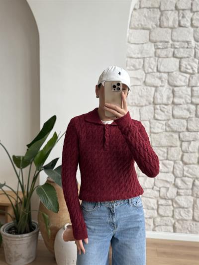 Saç Örgü Polo Yaka Bordo Triko