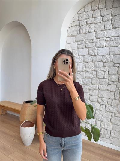 Saç Örgüsü Kahverengi Triko Bluz