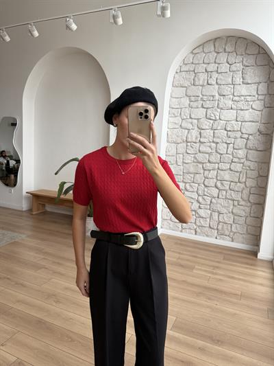 Saç Örgüsü Kırmızı Triko Bluz