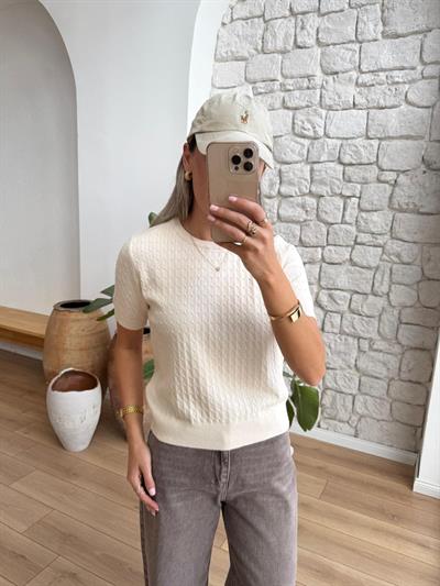 Saç Örgüsü Krem Rengi Triko Bluz