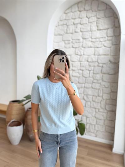 Saç Örgüsü Mavi Triko Bluz