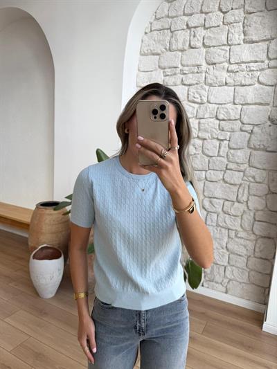 Saç Örgüsü Mavi Triko Bluz