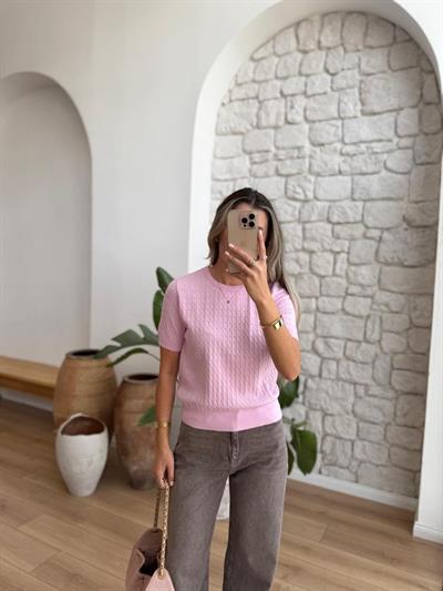 Saç Örgüsü Pembe Triko Bluz