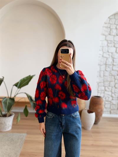 Saks-Kırmızı Floral Kazak