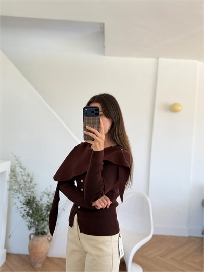 Şal Yaka Kahverengi Triko Hırka