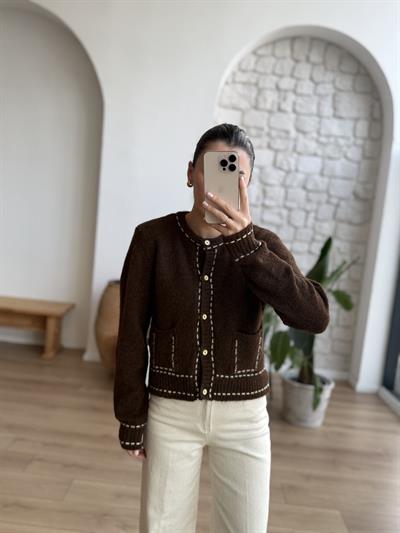 Sarı Biyeli Cepli Kahve Hırka