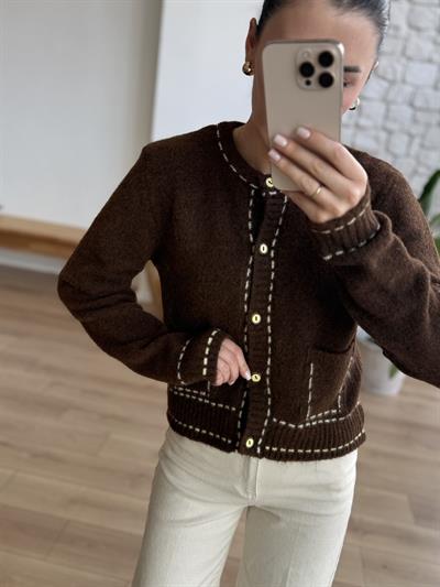 Sarı Biyeli Cepli Kahve Hırka