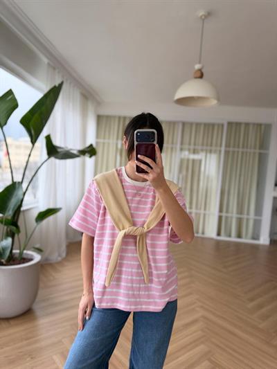 Sarı Şal Detaylı Pembe Çizgili Tshirt