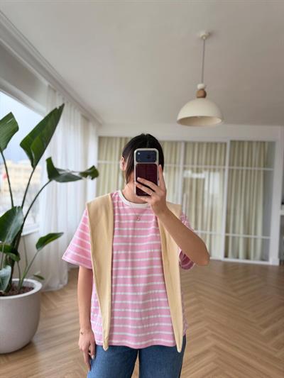 Sarı Şal Detaylı Pembe Çizgili Tshirt