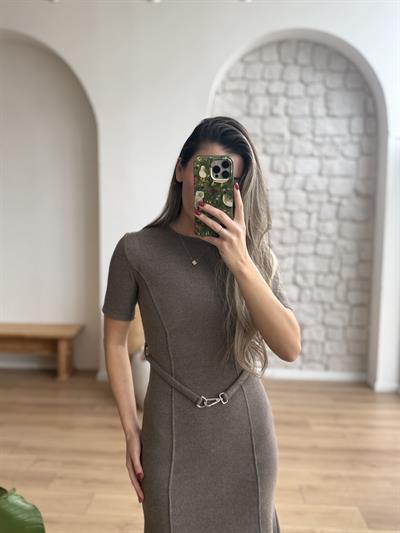 Selanik Kumaş Kemerli Vizon Elbise