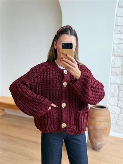 Selanik Örme Cepli Bordo Hırka