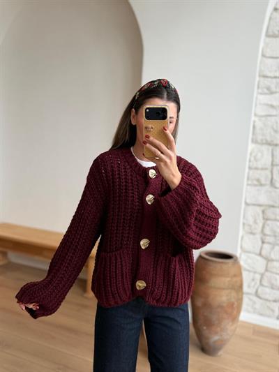 Selanik Örme Cepli Bordo Hırka