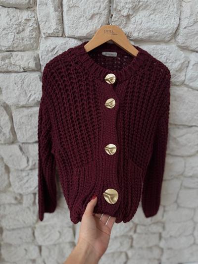 Selanik Örme Cepli Bordo Hırka