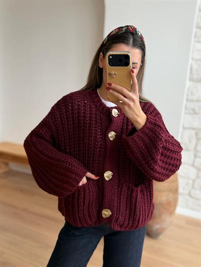 Selanik Örme Cepli Bordo Hırka