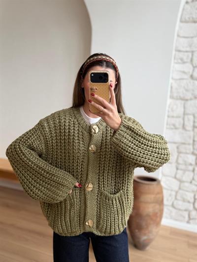 Selanik Örme Cepli Çağla Yeşili Hırka