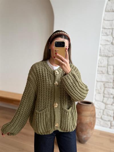 Selanik Örme Cepli Çağla Yeşili Hırka