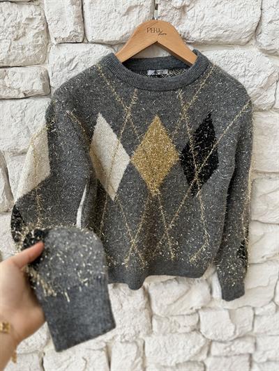 Simli İp Baklava Desen Gri Kazak