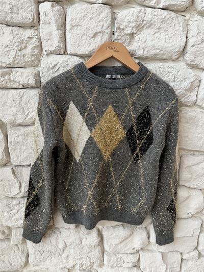 Simli İp Baklava Desen Gri Kazak