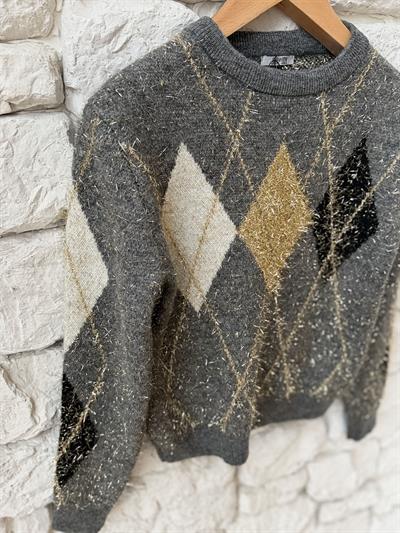 Simli İp Baklava Desen Gri Kazak