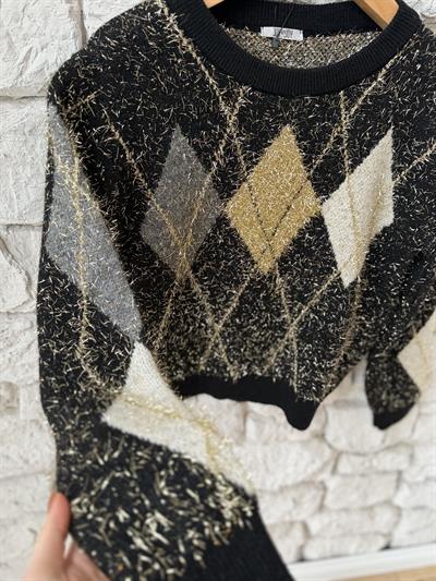 Simli İp Baklava Desen Siyah Kazak