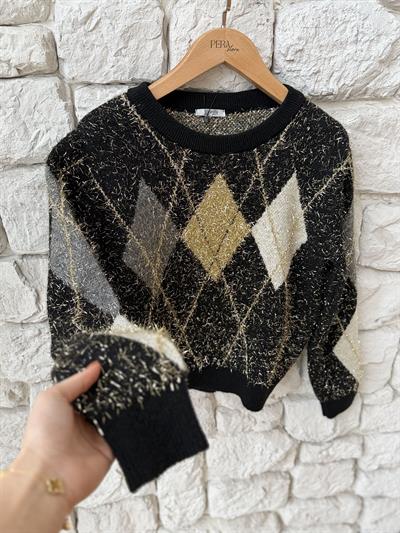 Simli İp Baklava Desen Siyah Kazak