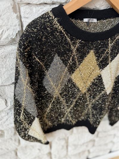 Simli İp Baklava Desen Siyah Kazak